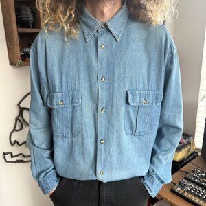 Vintage 90s Faded Denim Long Sleeve Button Down Shirt Duke Haband ~ Size Large